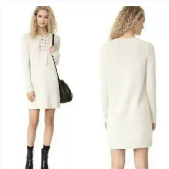 Madewell Merino Wool Long Sleeve Lace Up Front Cream Oatmeal Sweater Dress M - Picture 2 of 11
